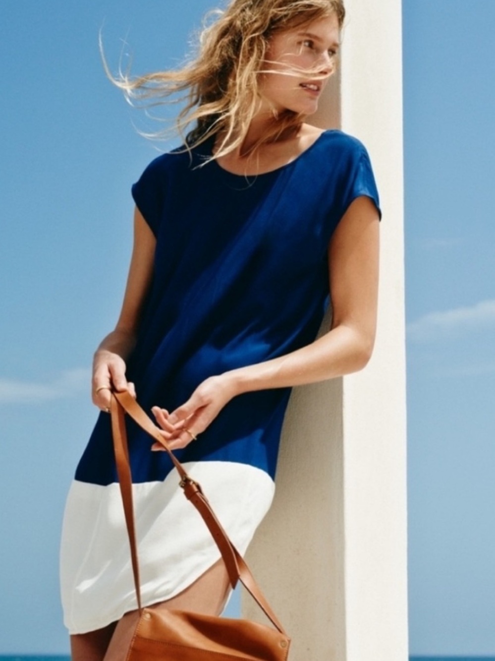 Madewell Deep Blue V Neck Colorblock Shift Shirt Dress size S